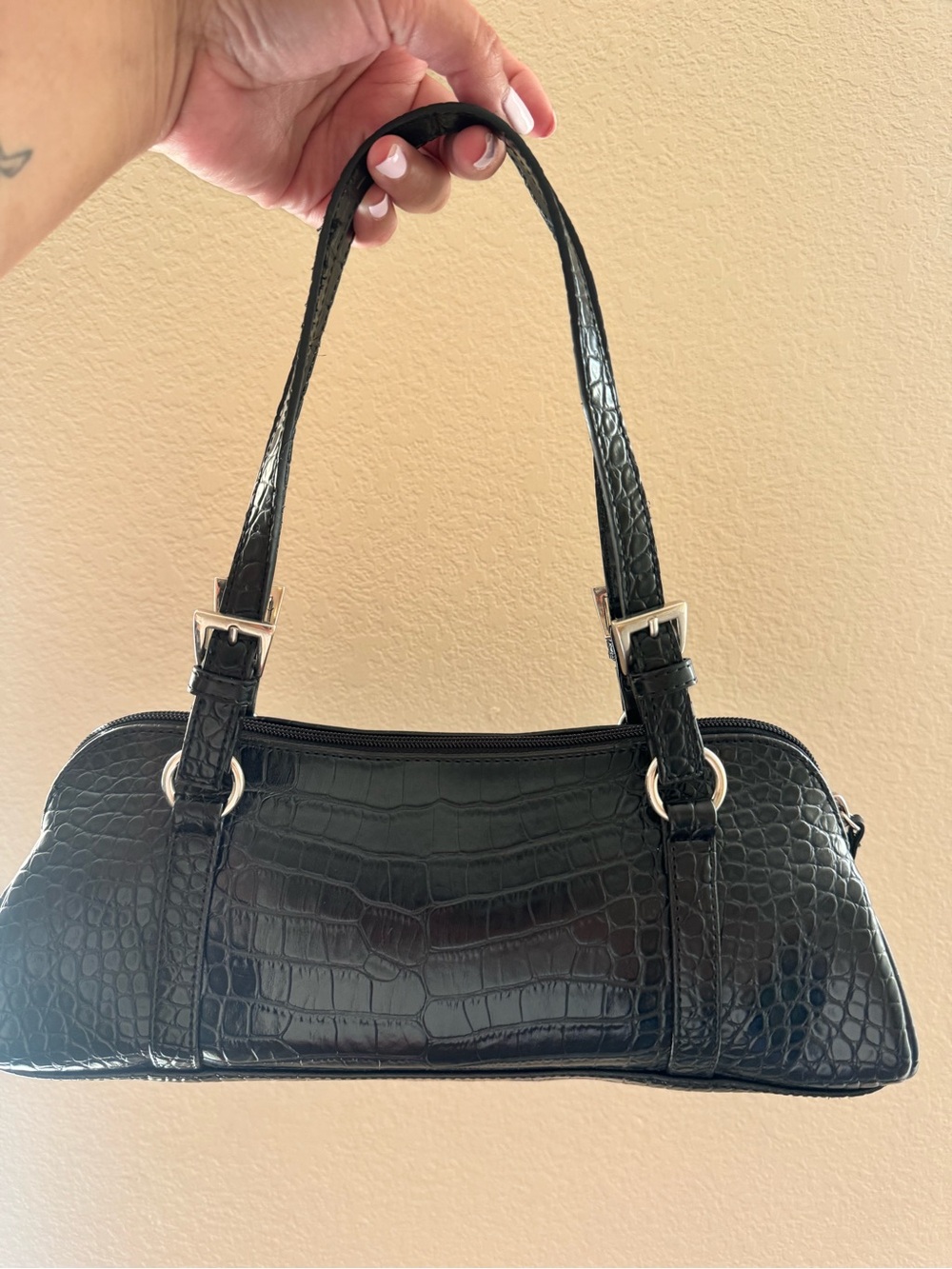 Bisou Bisou Black Croc-Embossed Shoulder Bag with Silver Hardware